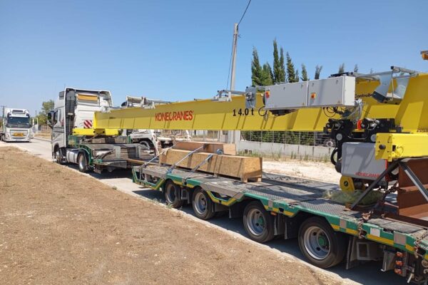 Konecranes assembly secured on a trailer for transport